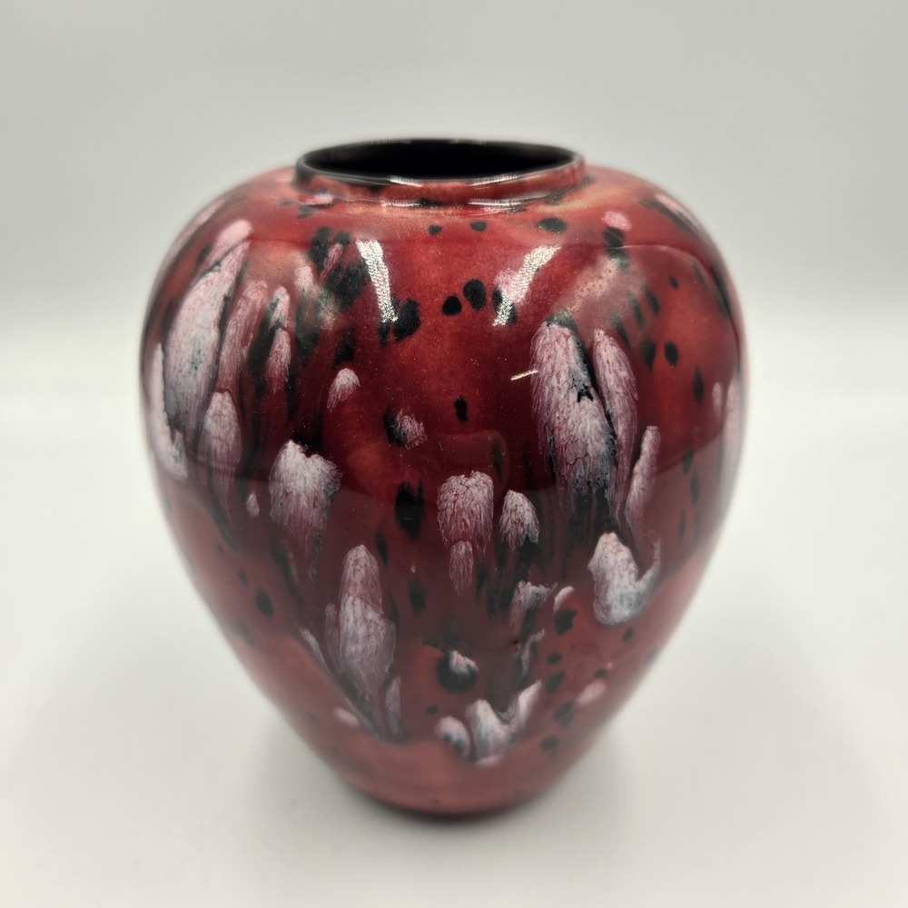 Vintage Pottery Vase Fat‎ Lava Glaze  Red Black White Small Bookshelf Decor 5"